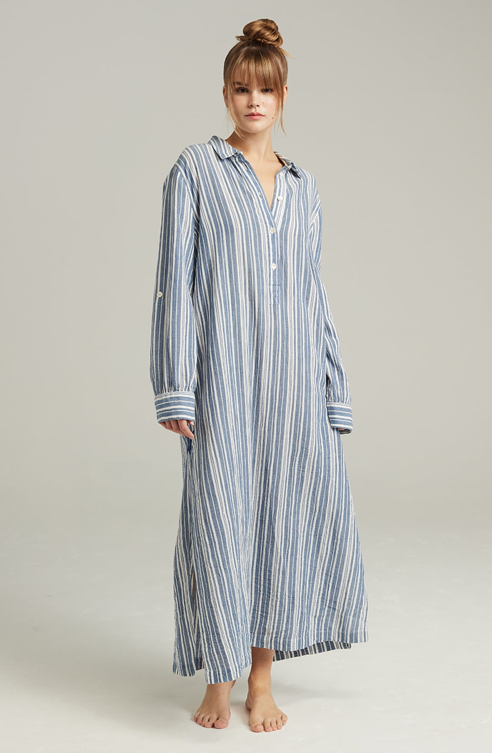The Maxi Shirt French Navy Stripe | Nightdresses | Nudea