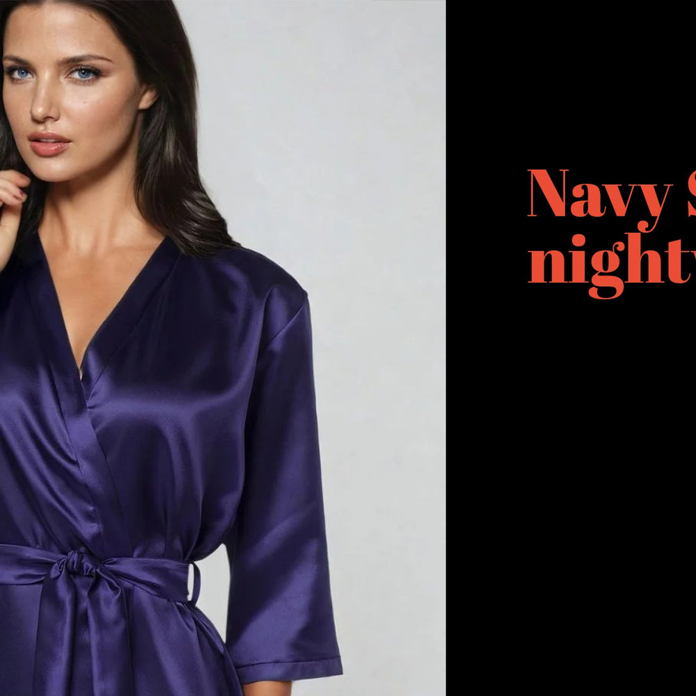 Woman wearing a navy satin nightdress