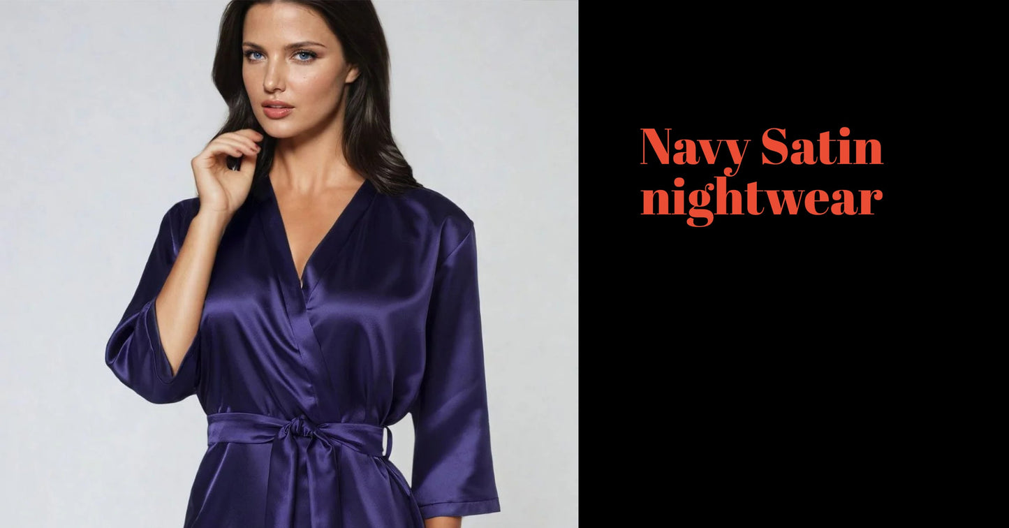 Woman wearing a navy satin nightdress