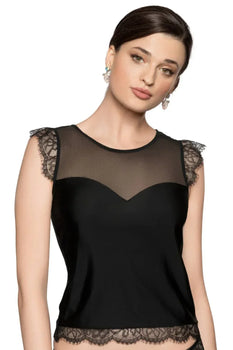 Woman wearing a BLACK LACE TOP from Roza Lingerie