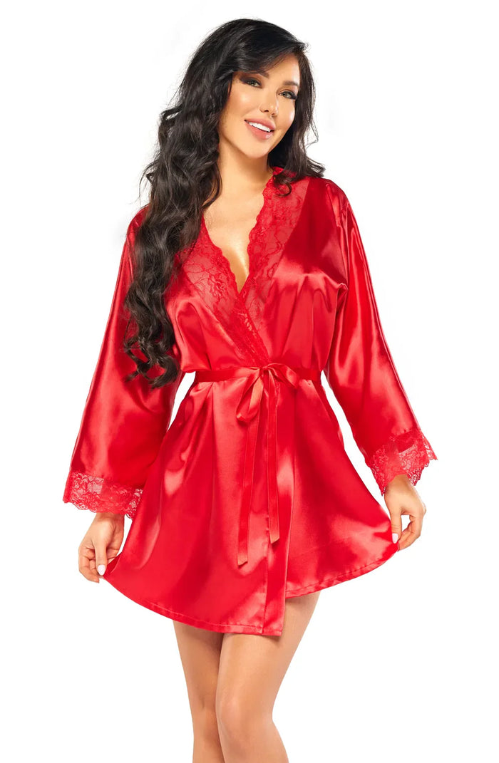 WOMAN WEARING A RED SATIN PEIGNOIR
