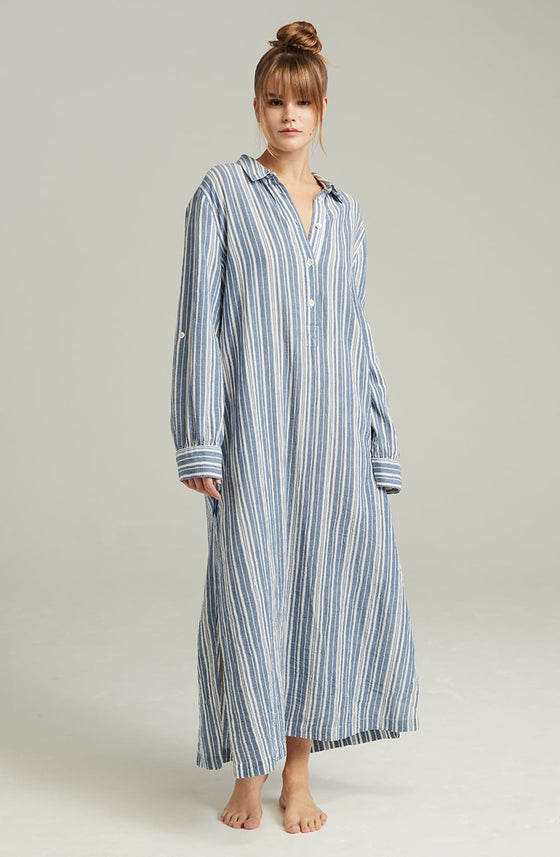 The Maxi Shirt French Navy Stripe | Nightdresses | Nudea