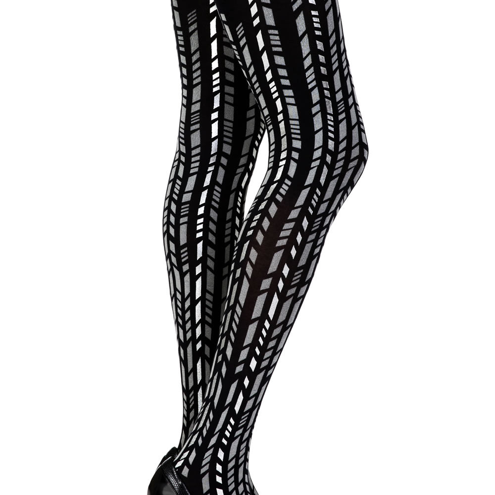 Zohara "Cross It" Black/Silver Print Tights | 100d, Tights | Zohara