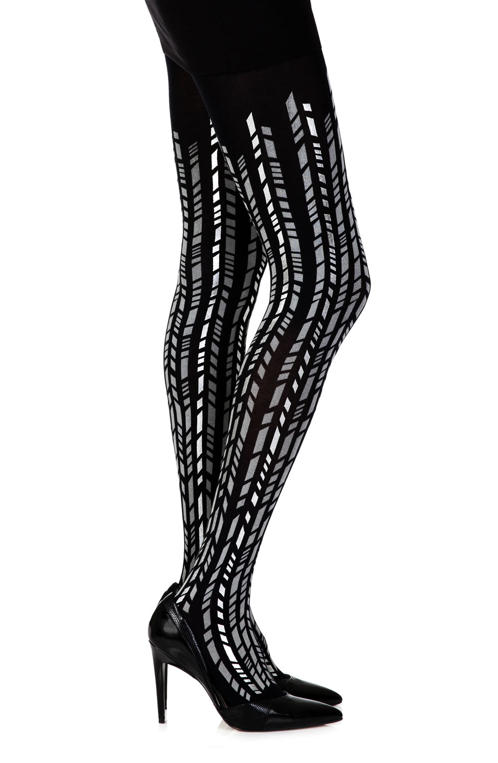 Zohara "Cross It" Black/Silver Print Tights | 100d, Tights | Zohara