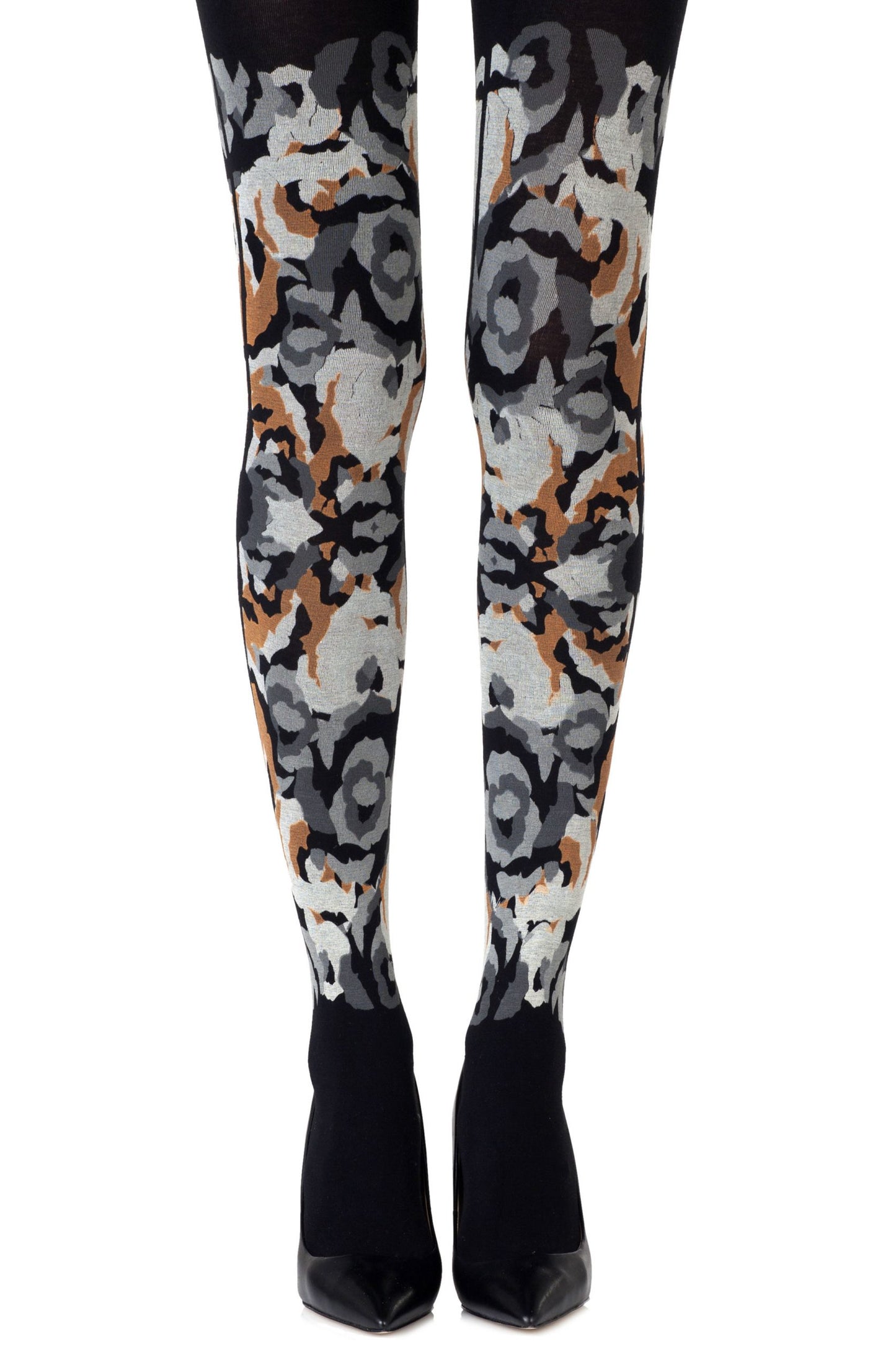 Zohara "Earth Goddess" Grey Orange Print Tights | 100d, Tights | Zohara